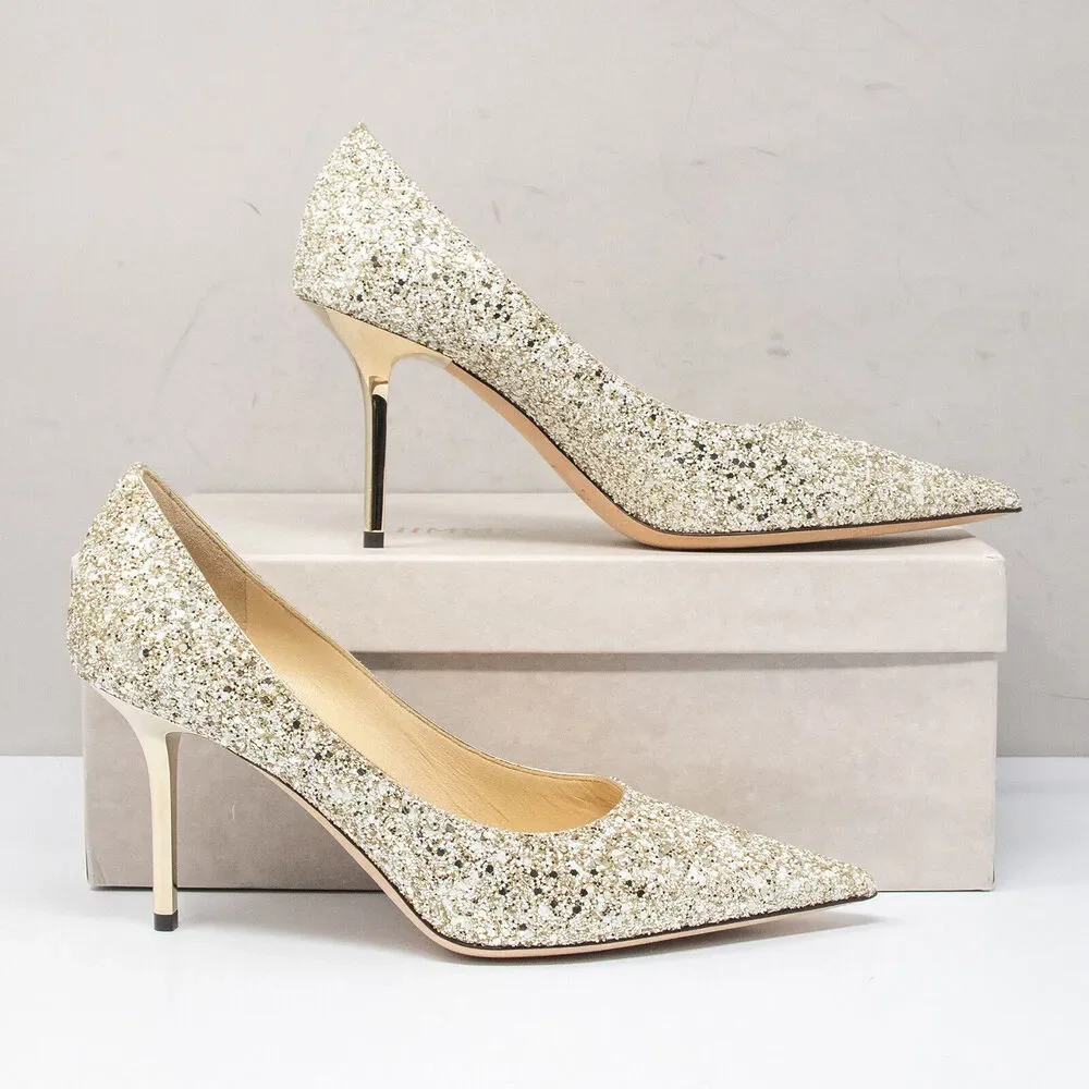 Jimmy Choo Gold Glitter Pointed-Toe Heels - Picture 2 of 8